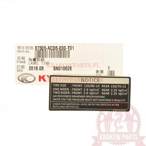 NAKLEJKA "CISNIENIE W OGUMIENIU" 87505-ACD5-E00-T01 Kymco New Downtown 350, oryginał