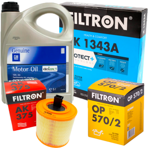 Filtron Filtr oleju OP 570/2 Filtr powietrza AK 375 Filtr Kabinowy Węglowy K1343A Olej silnikowy GM Genuine Dexos1 5w30 5L