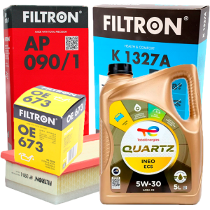 FILTRON Filtr Oleju OE673 Filtr powietrza AP 090/1 Filtr kabiny K1327A olej silnikowy TOTAL Quartz ECS 5W30 5L