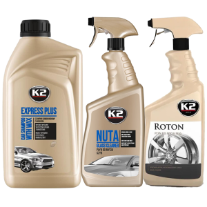 K2 Szampon samochodowy Express Plus z woskiem 1L + Płyn do mycia Felg Roton 700 ml + Płyn do mycia szyb Nuta 750 ml
